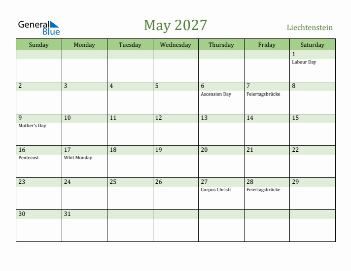 May 2027 Calendar with Liechtenstein Holidays