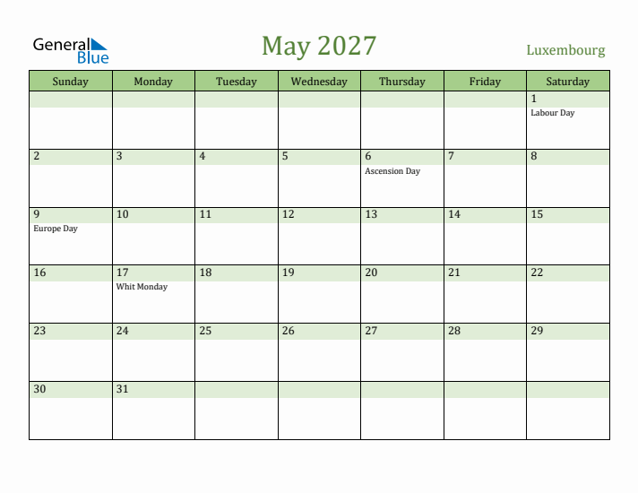 May 2027 Calendar with Luxembourg Holidays