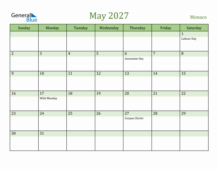 May 2027 Calendar with Monaco Holidays