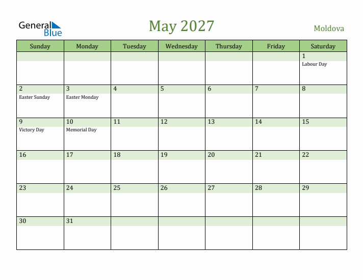 May 2027 Calendar with Moldova Holidays