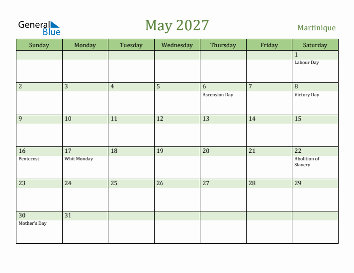 May 2027 Calendar with Martinique Holidays