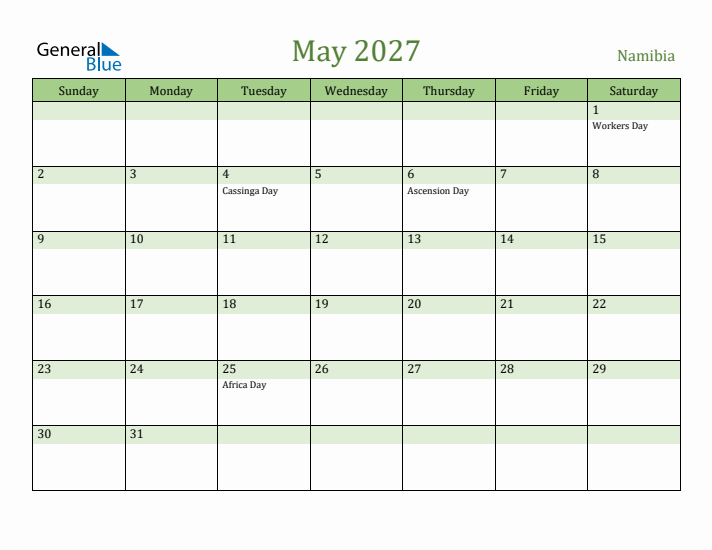 May 2027 Calendar with Namibia Holidays