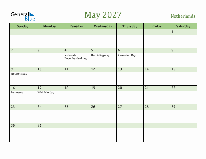May 2027 Calendar with The Netherlands Holidays