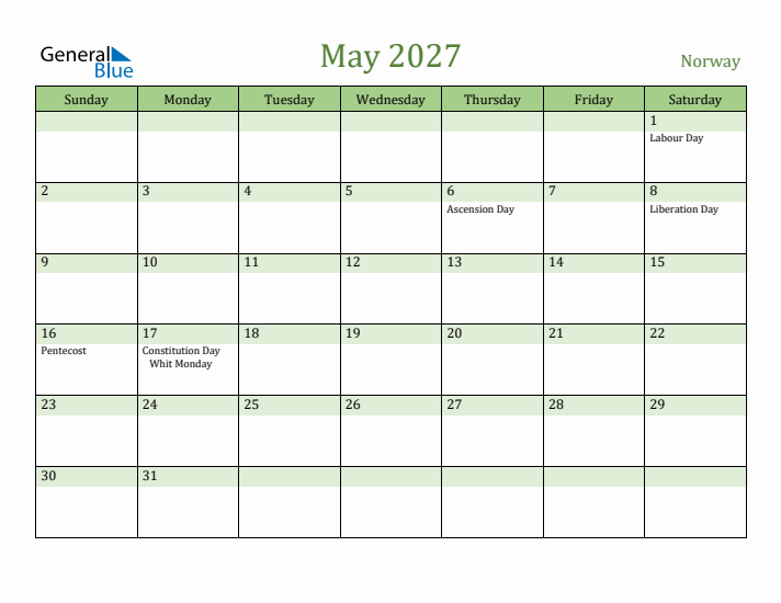 May 2027 Calendar with Norway Holidays