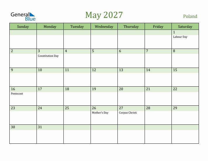 May 2027 Calendar with Poland Holidays