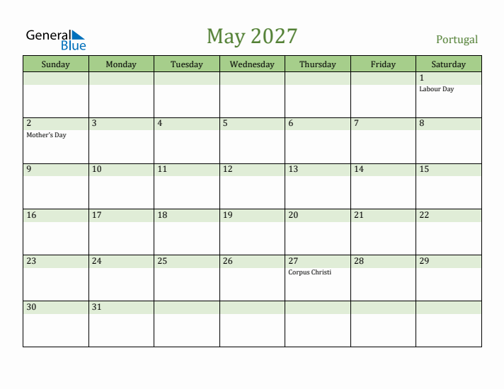 May 2027 Calendar with Portugal Holidays