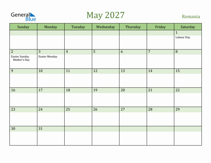 May 2027 Calendar with Romania Holidays