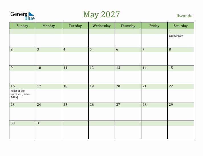 May 2027 Calendar with Rwanda Holidays