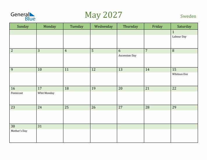 May 2027 Calendar with Sweden Holidays