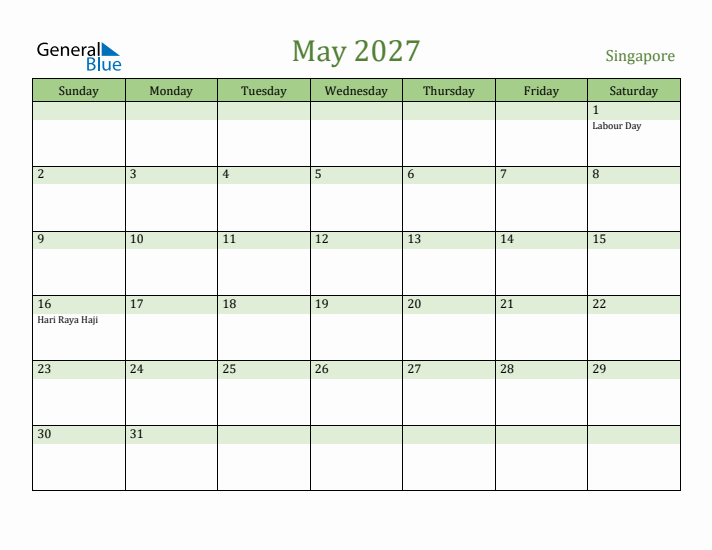 May 2027 Calendar with Singapore Holidays