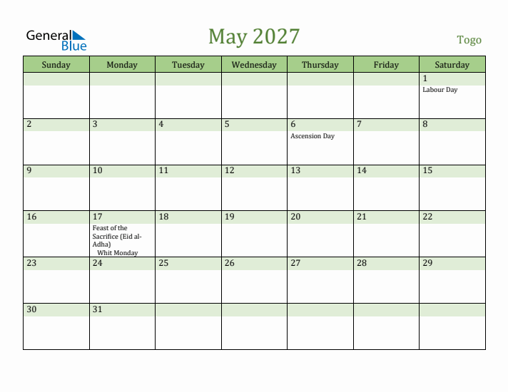 May 2027 Calendar with Togo Holidays