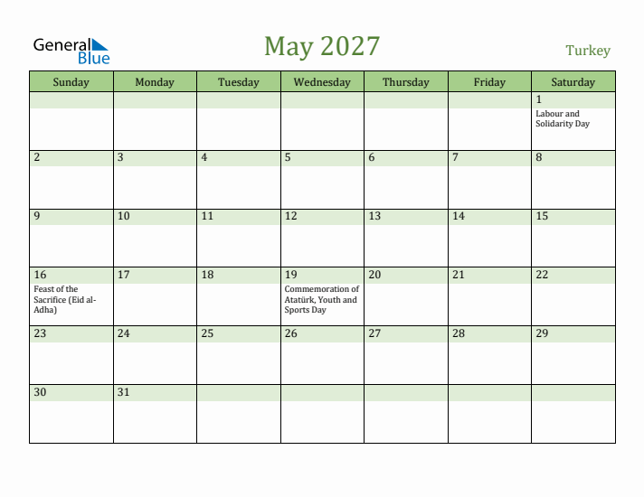 May 2027 Calendar with Turkey Holidays