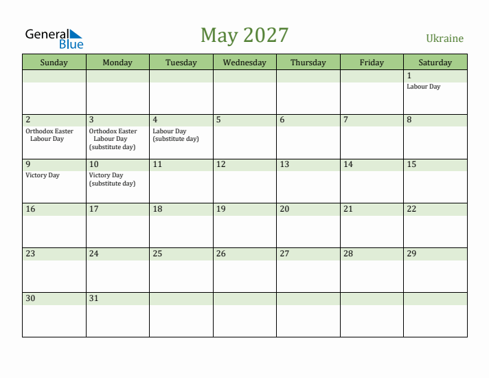 May 2027 Calendar with Ukraine Holidays