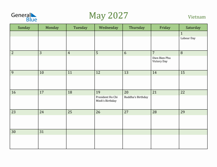 May 2027 Calendar with Vietnam Holidays