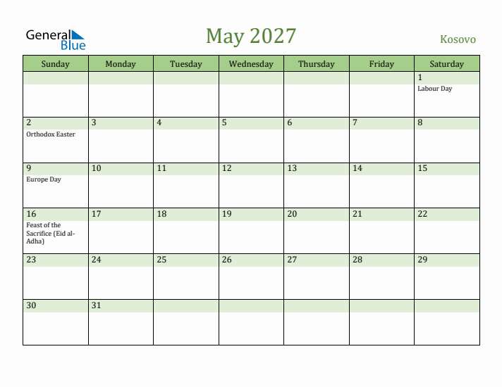 May 2027 Calendar with Kosovo Holidays