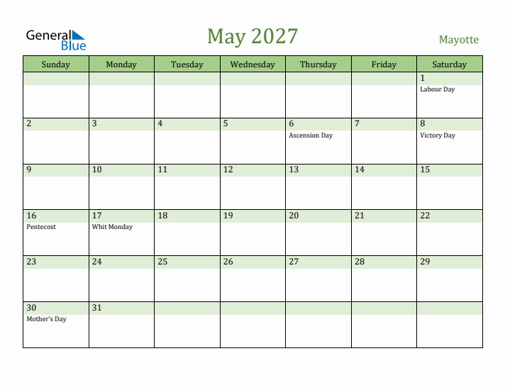 May 2027 Calendar with Mayotte Holidays