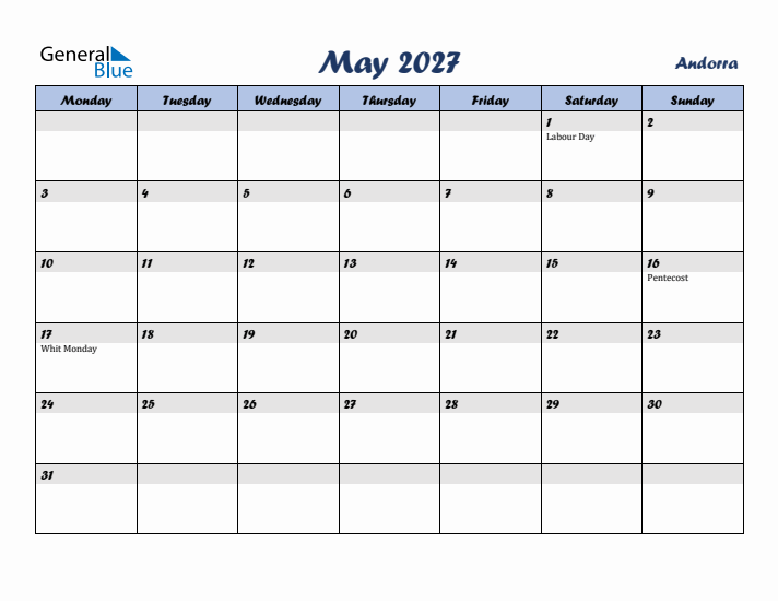 May 2027 Calendar with Holidays in Andorra
