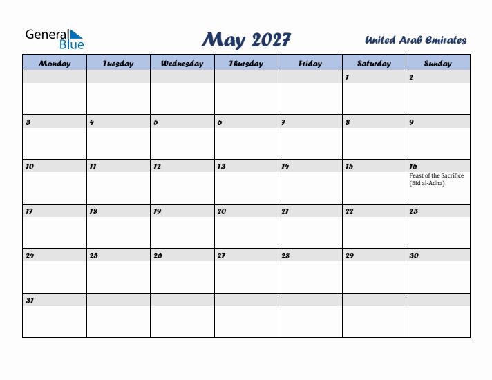 May 2027 Calendar with Holidays in United Arab Emirates