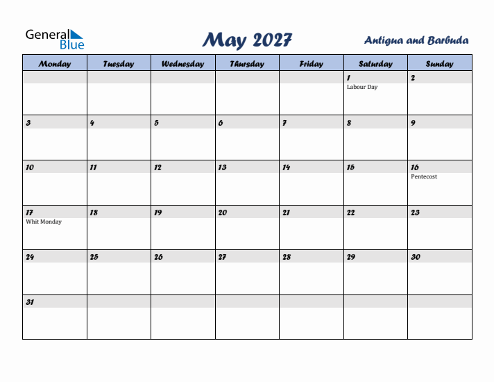 May 2027 Calendar with Holidays in Antigua and Barbuda