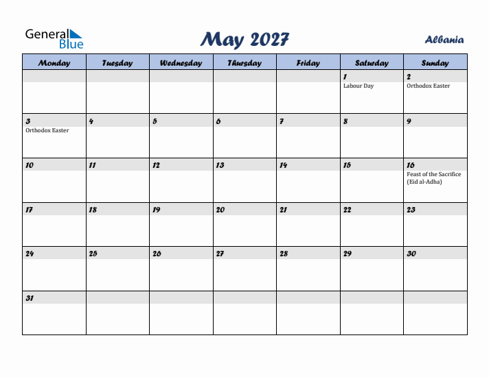 May 2027 Calendar with Holidays in Albania