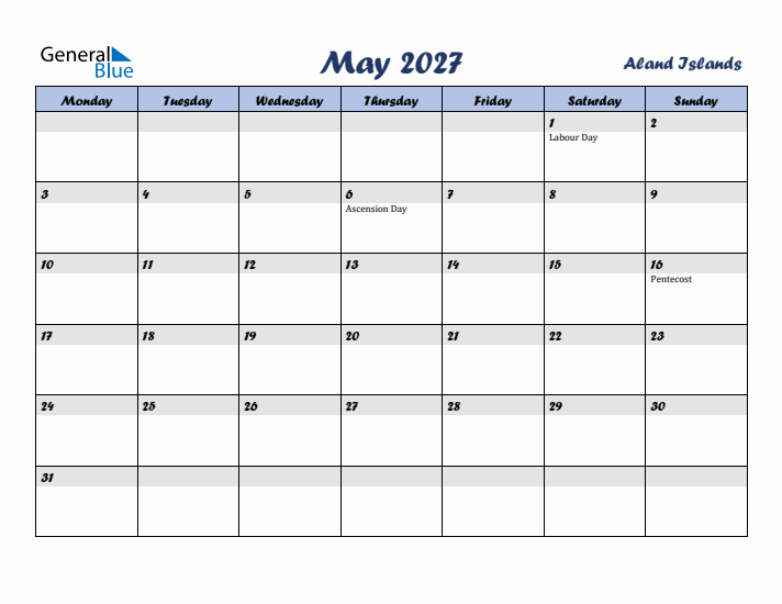 May 2027 Calendar with Holidays in Aland Islands