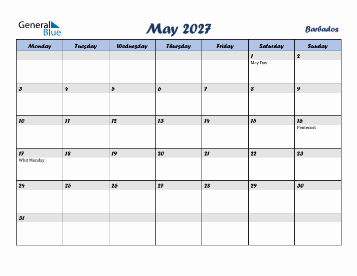 May 2027 Calendar with Holidays in Barbados