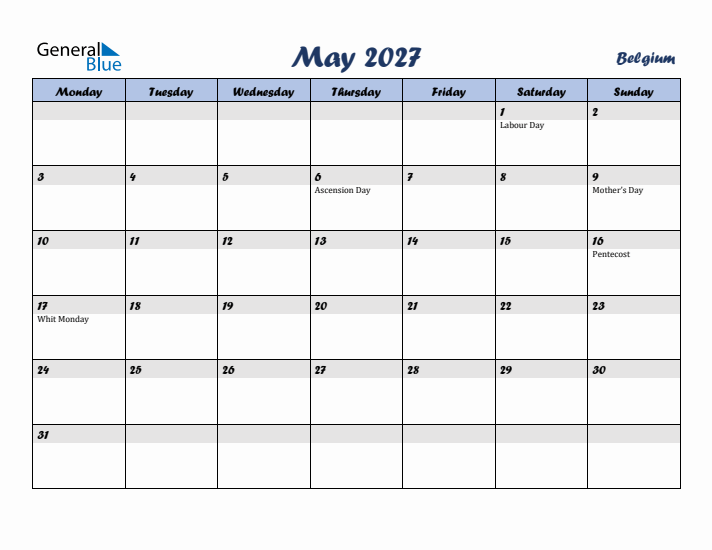 May 2027 Calendar with Holidays in Belgium