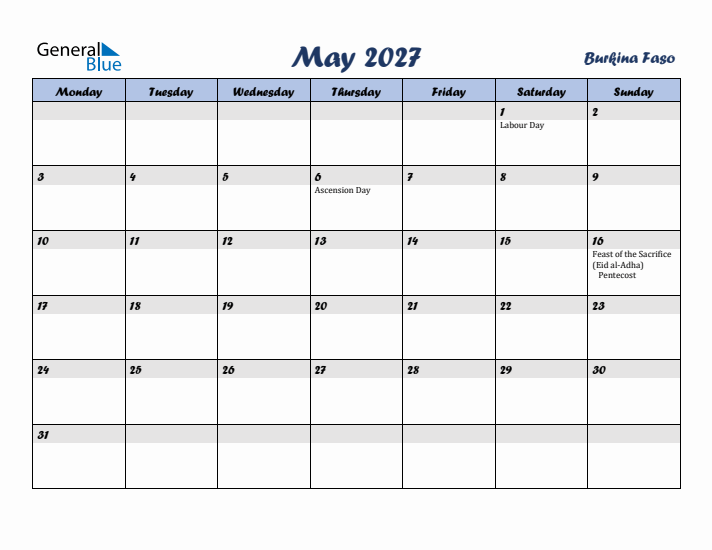 May 2027 Calendar with Holidays in Burkina Faso