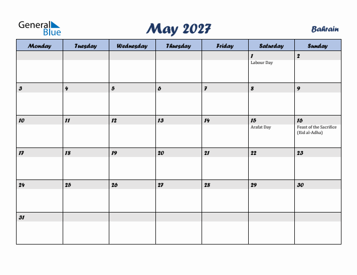 May 2027 Calendar with Holidays in Bahrain