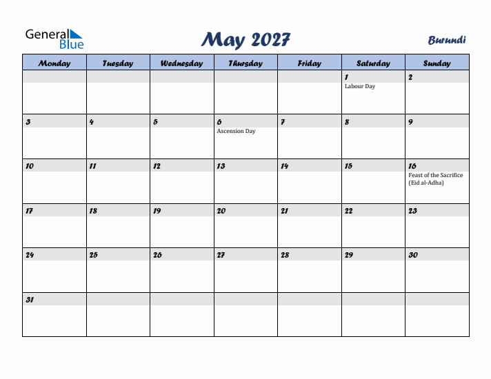 May 2027 Calendar with Holidays in Burundi