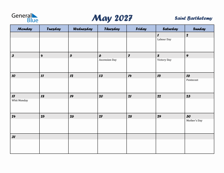 May 2027 Calendar with Holidays in Saint Barthelemy