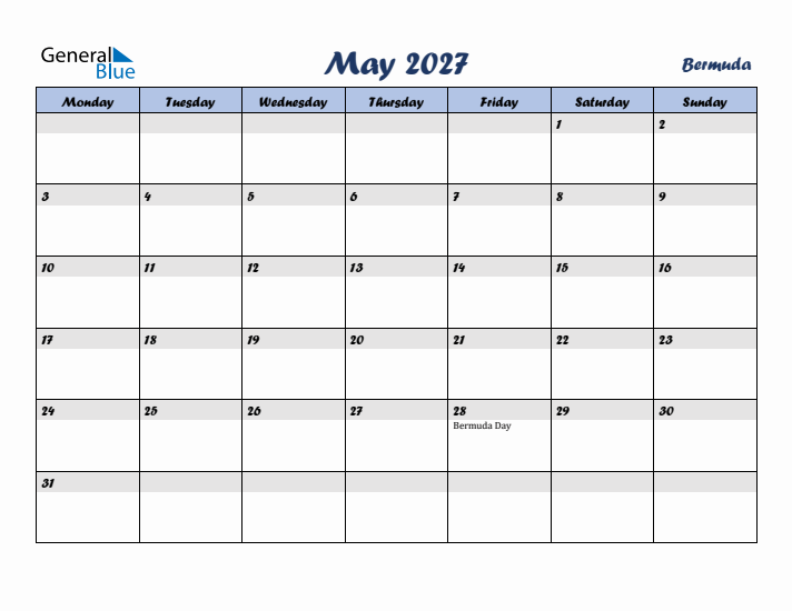 May 2027 Calendar with Holidays in Bermuda