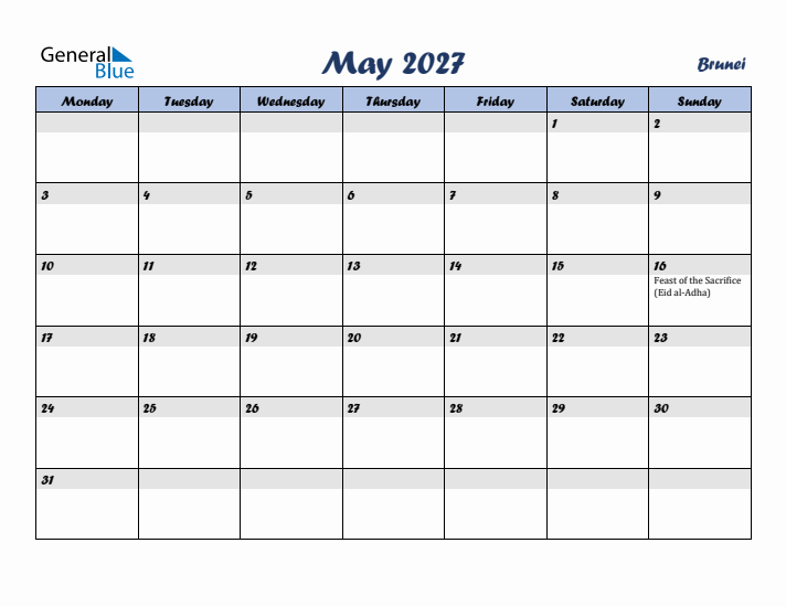May 2027 Calendar with Holidays in Brunei