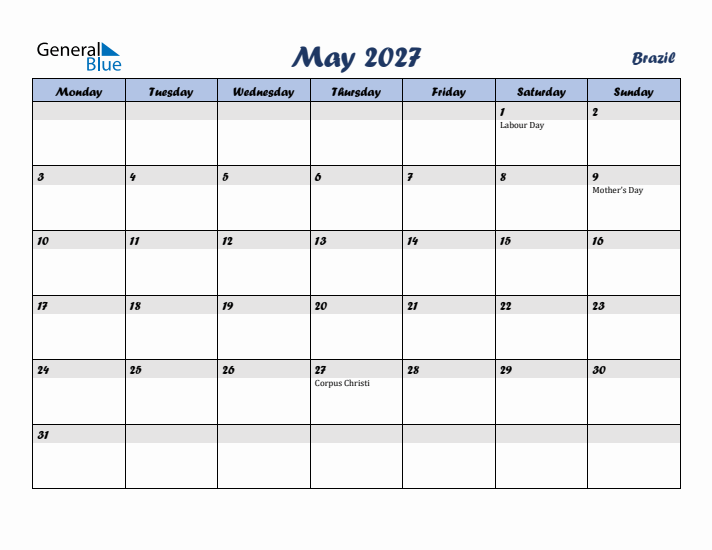 May 2027 Calendar with Holidays in Brazil
