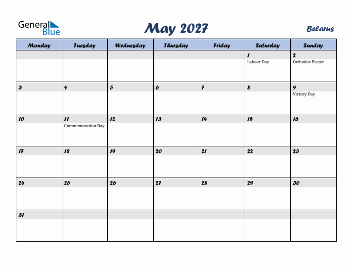 May 2027 Calendar with Holidays in Belarus