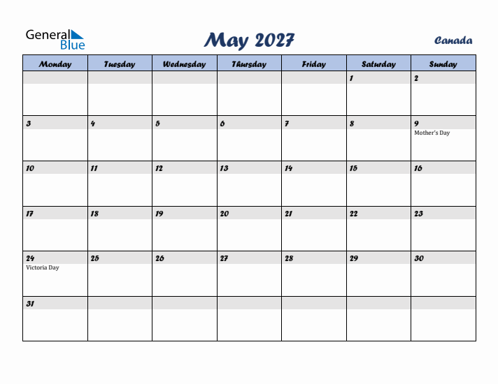 May 2027 Calendar with Holidays in Canada