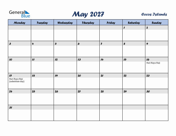 May 2027 Calendar with Holidays in Cocos Islands