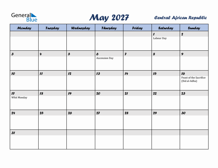 May 2027 Calendar with Holidays in Central African Republic