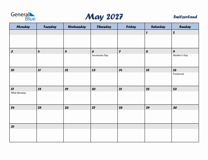 May 2027 Calendar with Holidays in Switzerland