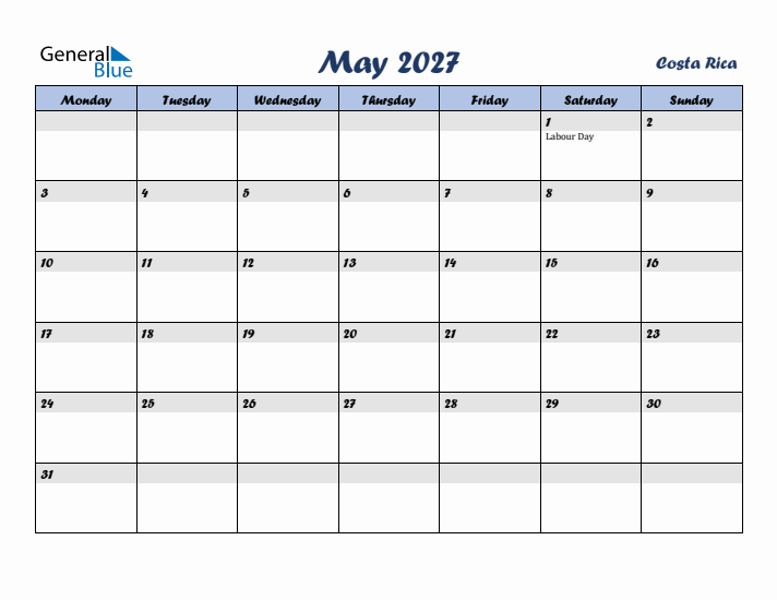 May 2027 Calendar with Holidays in Costa Rica