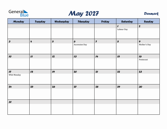 May 2027 Calendar with Holidays in Denmark