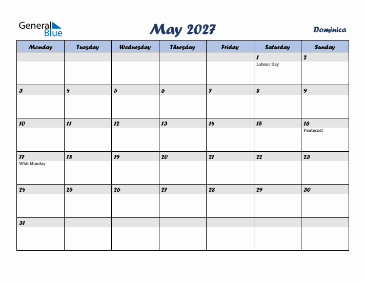 May 2027 Calendar with Holidays in Dominica