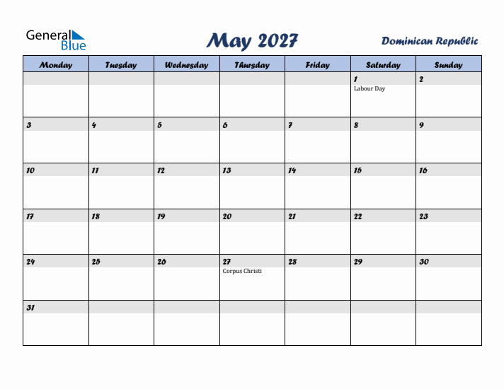 May 2027 Calendar with Holidays in Dominican Republic