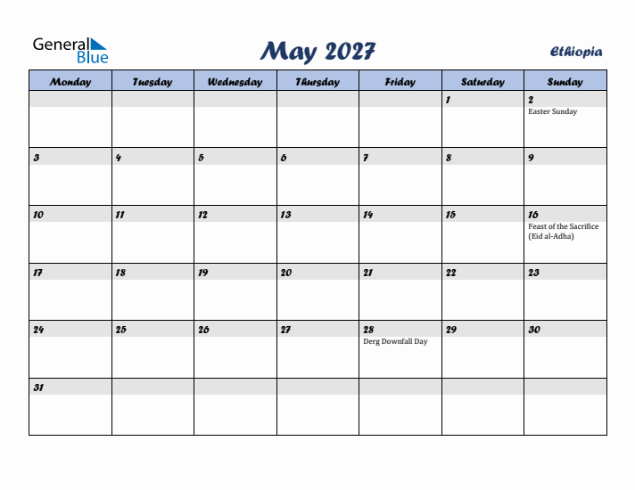 May 2027 Calendar with Holidays in Ethiopia