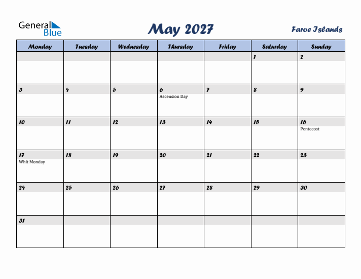 May 2027 Calendar with Holidays in Faroe Islands