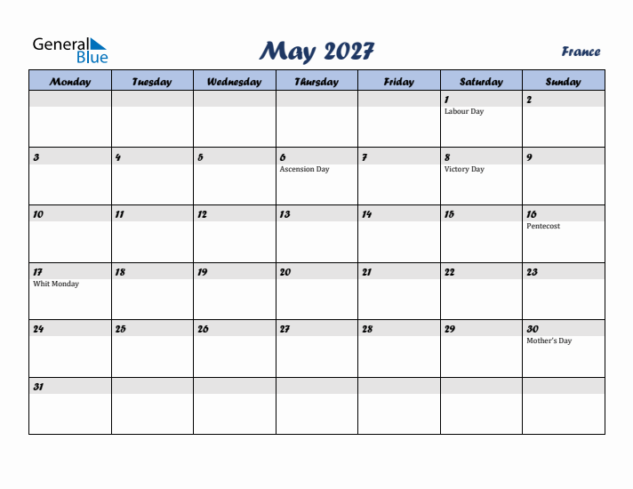 May 2027 Calendar with Holidays in France