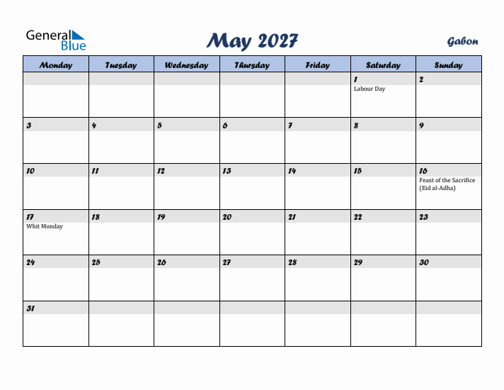 May 2027 Calendar with Holidays in Gabon