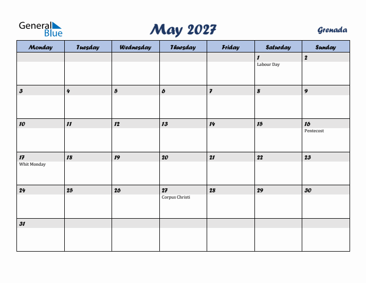 May 2027 Calendar with Holidays in Grenada