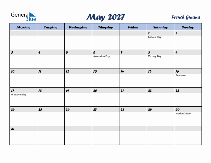 May 2027 Calendar with Holidays in French Guiana