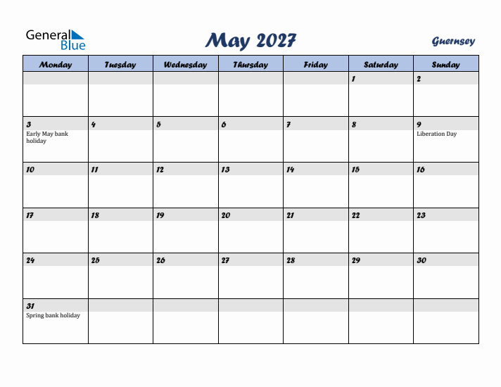 May 2027 Calendar with Holidays in Guernsey
